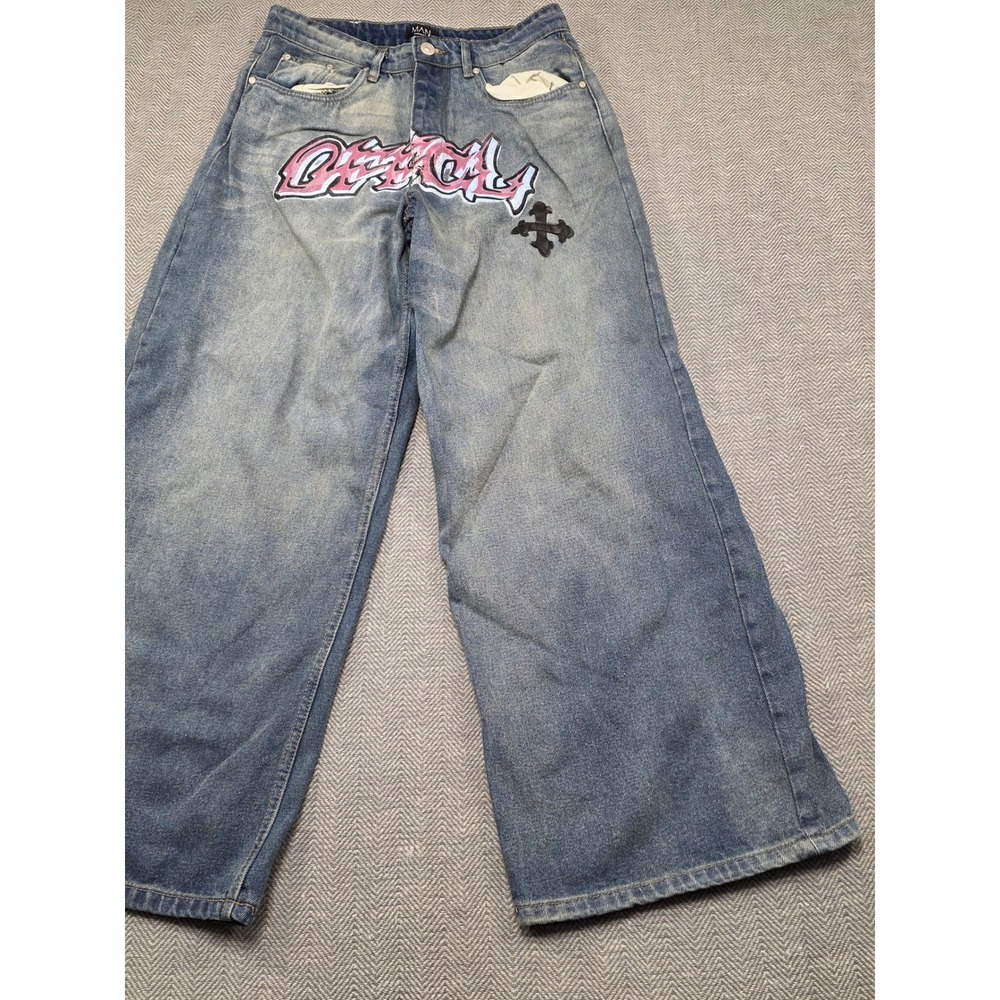 boohooMAN Men 30 Graffiti Graphic Cross Applique Baggy Wide Leg Jeans Blue Denim